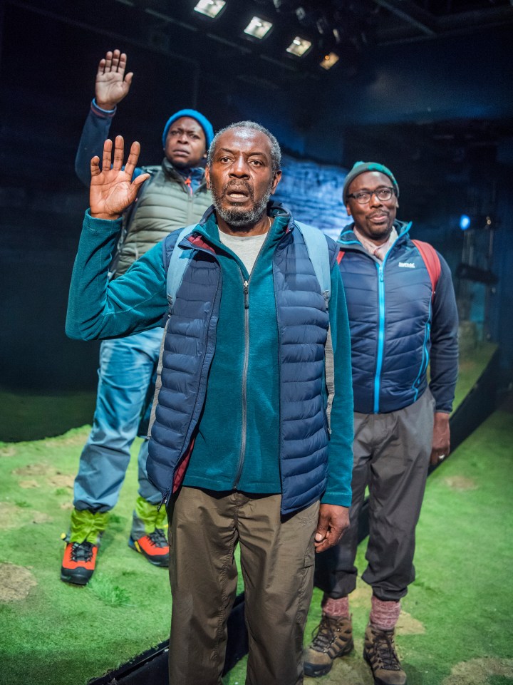 01 Black Men Walking- Eclipse Theatre, RET -L-R Tonderai Munyevu (Richard), Tyrone Huggins (Thomas), Trevor Laird (Matthew) photo by Tristram Kenton